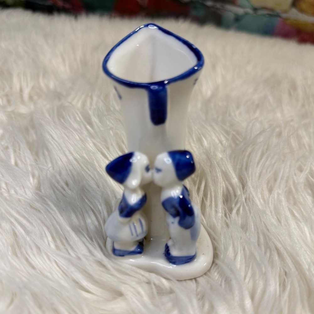 Vintage Delft Blue Miniature Bud Vase Kissing Dutch Boy Girl Windmill